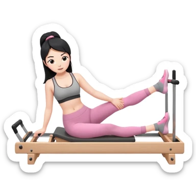 Create a Pilates emoji: a girl with fair skin and black hair, wearing a grey bra and grey leggings with pink pilates socks, doing sitted stomach massage on a wooden reformer and not looking at the camera. Make the colors neutrals. sticker