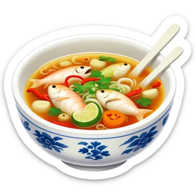 Guizhou sour fish soup with pickled vegetables, simplified emoji style with bold outlines and bright colors, cartoon style spicy sour fish dish sticker