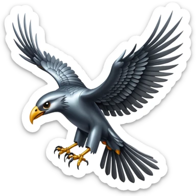 Emoji-style icon of a large metallic predatory bird flying, sharp wings, steel texture, dramatic pose, dark background sticker