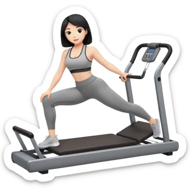 Fair-skinned black hair girl wearing grey workout set in leggings and bra doing pilates on a reformer sticker