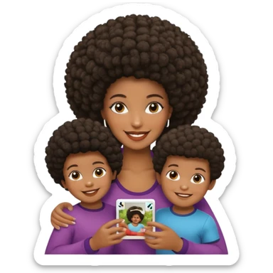 afro hair Dark Skin mom with two children, one young boy and a baby girl in polaroid picture  sticker