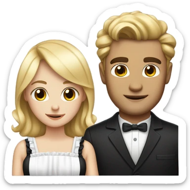 A blonde girl with a maid outfit and a brown haired attractive man with a black suit sticker
