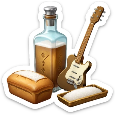 solarpunk ultra HD steampunk victorian - a bottle of salt (salt shaker) and a loaf of peasant bread with a small electric telecaster guitar - still life composition sticker