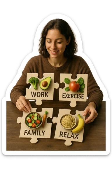 realistica cinematic photo a person is surrounded by puzzle pieces, each representing a different aspect of their life (Lavoro, Esercizio, Famiglia, Relax), and healthy foods are integrated into each piece. The person assembles the puzzle, creating a complete, personalized nutrition plan. The mood is uplifting and creative. in italiano sticker