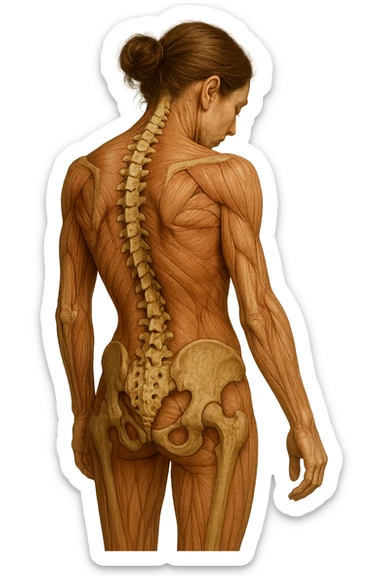 donna di spalle con spina dorsale in evidenza, postura storta, spalle chiuse in avanti, iperrealistica 4k sticker