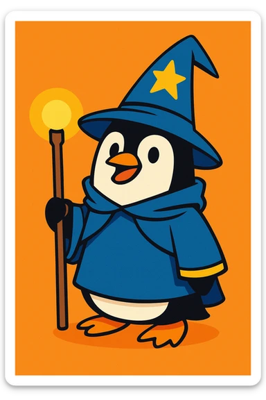 a penguin dressed as a wizard, with a pointy hat and a magic staff, in a fun and whimsical style sticker
