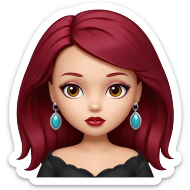 Bratz doll with dark red hair and a beauty mark above lip sticker