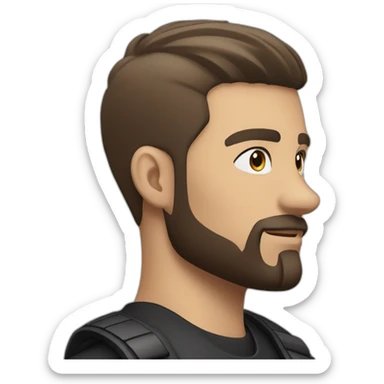 young man with short dark brown undercut hair, blue eyes, sporting a short beard, embodying a biker aesthetic, his gaze sharp sticker