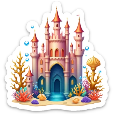 Ariel's underwater castle from The Little Mermaid, golden spires, colorful coral, seashell architecture, bubbles sticker