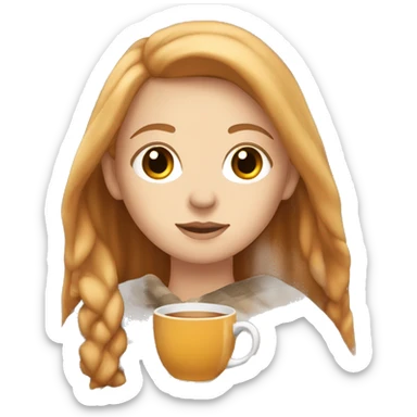 white girl with reddish blonde long hair and brown eyes with blanket wrapped about shoulders and sipping tea sticker