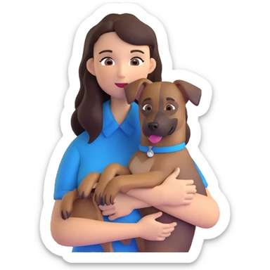 woman with long dark brown hair holding a Malinois dog in her arms sticker