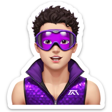 close-up of cool guy male athlete with white skin and moderately curly dark brown hair on top with shaved sides, with one purple ski goggle lens pushed up above his eyes on his forehead, sticking his tongue out of his mouth, a simple plain black chain necklace, and a completely unzipped sleeveless vest with purple and black sequin fire pattern design with no logo sticker
