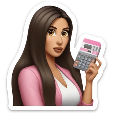 Hyper realistic kim kardashian with long straight brown hair holding a small pink calculator in her hand sticker