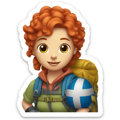 Female mountain climber red hair climbing, Greek flag on backpack and holding Easter eggs basket sticker