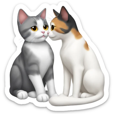 female diluted calico cat kissing male grey and white cat sticker