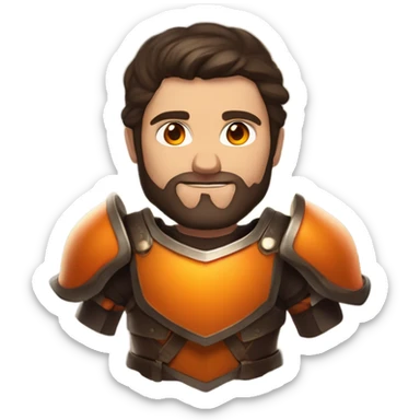 Confident White Man with dark brown hair and a short beard wearing large orange plate armor and glowing orange eyes that have orange smoke coming out of his eyes sticker