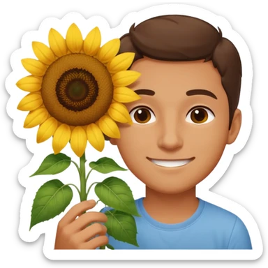 Man smelling sunflower with gentle smile, half body sticker