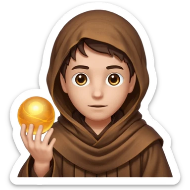 Coarse, hand-woven brown robes with deep,  shadowed cowls  with A dark, light-absorbing void within the hood where only two glowing yellow or orange eyes are visible. In AI generation, specify "glowing orb-like eyes" or "beady luminous eyes". sticker