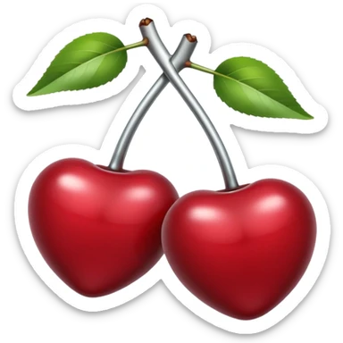 A pair of cherries emoji made of polished silver chrome, smooth rounded shapes, glossy metallic finish, soft highlights and reflections, cute proportions, iOS emoji style, centered, clean white background, no text sticker