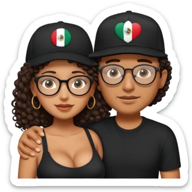 A picture of an embracing tanned couple. the man is a Mexican man with tanned skin, with a bald hair cut wearing a SnapBack hat and a black shirt. the woman is mixed, with long curly dark brown hair and with big boobs and eyeglasses  sticker