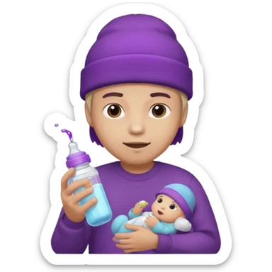 guy with beanie holding a baby bottle with purple liquid sticker