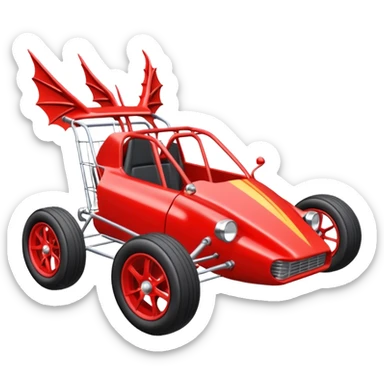 Special three cylinder race car whose frame and suspension is made of shopping cart material with a large rear spoiler is being professionally steered driven by a small thin dragon  sticker