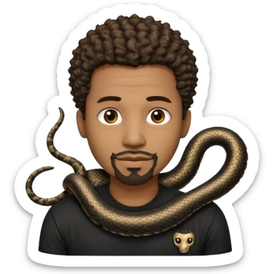 Homme couleur de peau noir, yeux marron avec un bouc que le menton, cheveux court et bouclé crépus avec dégradé sur le côté, avec un cobra à côté , t-shirt noir  sticker