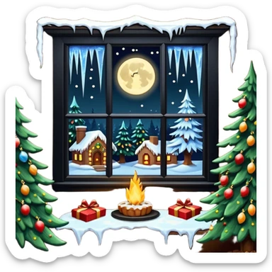 ultra hyperrealism,  dark window covered with icicles, in front of a beautifully decorated lit christmas tree at night, wrapped gifts under tree. Letter to Santa  with cookies sitting a fireplace sticker