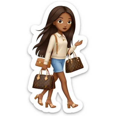  Brown girl with long dark brown medium straight hair carrying one Louis Vuitton purse on her arm while walking  sticker