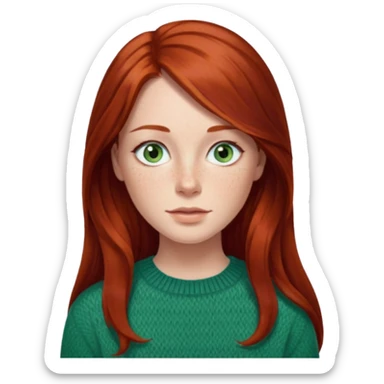 woman with long dark auburn red hair that is mostly straight but has slight waves to it. grey blue eyes. some freckles. wearing a Swedish style sweater that is green.  sticker