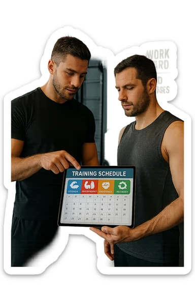 realistic cinematic photo a personal trainer and a client stand in a modern gym, reviewing a large, color-coded training calendar or chart on a tablet. The calendar shows different phases (strength, hypertrophy, endurance, recovery) with icons and dates. Around them, gym equipment and motivational posters reinforce the idea of structured, periodized training. in italiano sticker
