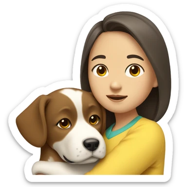 An asian girl with mid length brown hair hugging a white pekingness dog with yellow ear sticker