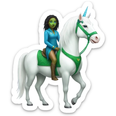 [(a green amazon alien woman with blue eyes) on a (four-legged white unicorn)] sticker