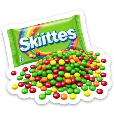 A multi-colored rainbow Skittles package next to a pile of exclusively green Skittles candies. The package shows all rainbow colors while the candies are only green. sticker