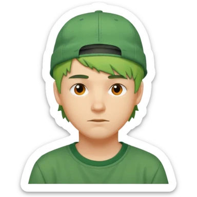 white guy with short messy green hair, orange backwards cap, urban streetwear look sticker