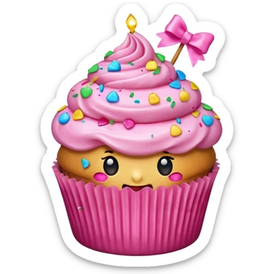 hyper realistic emoji of a bitten cupcake with pink frosting and a small gift bow on top, bitten part showing confetti filling, clean colorful emoji-style design sticker
