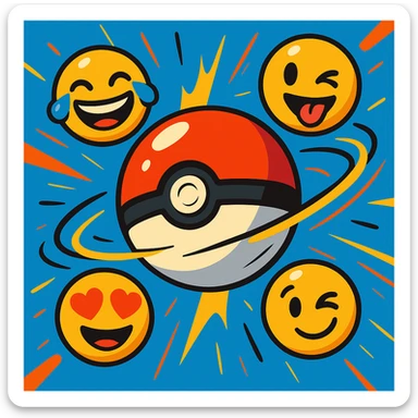 A Poké Ball with multiple colorful emojis such as laughing, winking, heart eyes orbiting around it, dynamic animated cartoon style with movement effects sticker