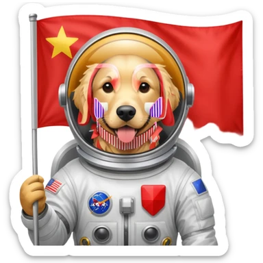 golden retriever body in space suit holding red rectangle flag sticker