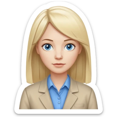 40 yr old white woman, pale skin, long straight blond hair parted in center, blue eyes, bangs, clothes for work sticker