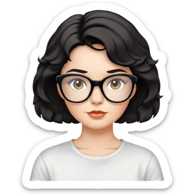 white woman about 50 years old with light warm skin, wide face, black wavy neck-length 80s short hair, low volume, neutral expression, large black shiny butterfly or cat-eye glasses, white casual t-shirt sticker