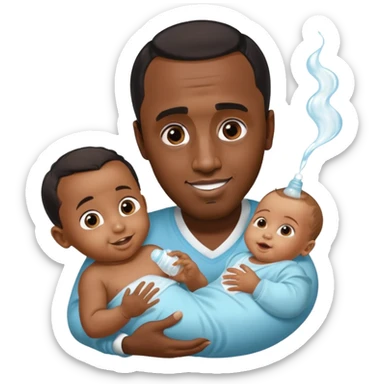 Sean “Diddy” Combs with baby oil and a very small infant and he’s pouring the baby oil on the baby and they have a scared face they’re really scared while diddy is happy sticker