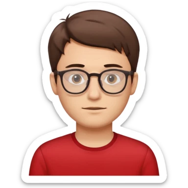 guy with short brown hair and glasses. he looks like a nerd. he is wearinf red sticker