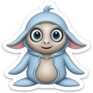 No head..it has 1 eye....stands upright ...wears clothing. is light grey and light blue..looks happy and cuddly... doesnt have a full head.... there is a appendage coming out of top of body with a single large eye sticker