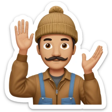 Woodworker thick mustache knit cap Carharttk shirt hand raised above head small eyes sticker