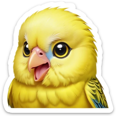 Cinematic Comical Yellow Budgie Portrait Emoji, Head tilted dramatically with an exaggeratedly amused expression, featuring a striking yellow feathered fur with a glossy finish, wide, expressive dark eyes filled with playful disbelief, Simplified yet hilariously expressive features, highly detailed, glowing with a slightly sassy glow, high shine, dramatic yet playful, stylized with an air of cheeky mischief, bright and endearing, soft glowing outline, capturing the essence of a spirited and over-the-top budgie, so meme-worthy it feels like it could side-eye its way into internet fame instantly! sticker