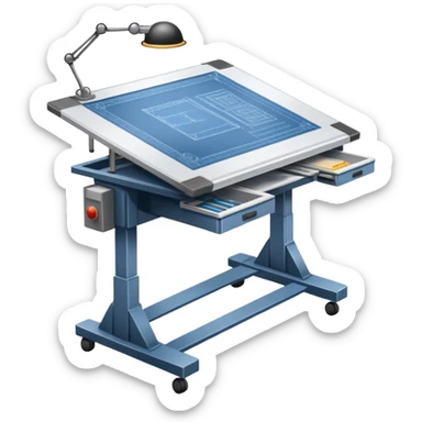 An icon featuring an engineering drafting table with a blueprint, a ready machine, and microchips, symbolizing engineering. The design includes gears, tools, and circuit boards, representing the design, creation, and innovation in technology. Transparent background highlights the science of building sticker