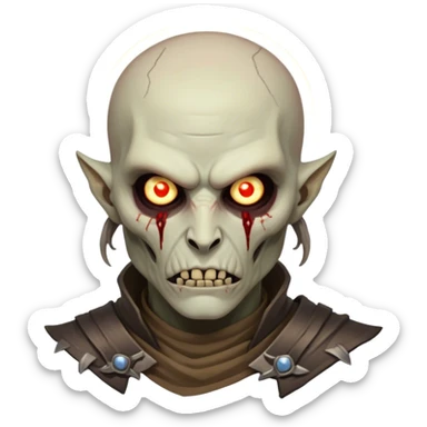 Cinematic Realistic WoW Undead Warrior Portrait, head tilted epicly and inquisitively, showcasing grim resilience and defiant strength. His withered, pallid skin and intense, glowing eyes contrast starkly with his worn, earth-toned clothes, rendered in meticulous detail. With dynamic, high-contrast lighting and high shine, this portrait exudes an epic aura, capturing the relentless will of a battle-hardened undead warrior. sticker