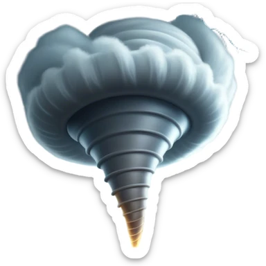 Cinematic Realistic Tornado Emoji, Spiraling fiercely, with dark swirling clouds that twist and stretch downward in a funnel shape. The winds whip up debris as the tornado roars across the landscape, leaving a trail of awe and fear. Soft glowing outline, capturing the essence of wild force and unpredictable power in a mighty tornado! sticker