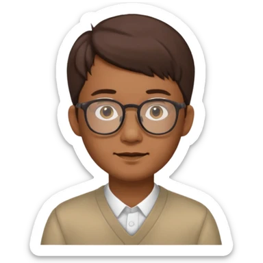 Asian male, with goatie, wearing glasses, medium length hair, brown sticker