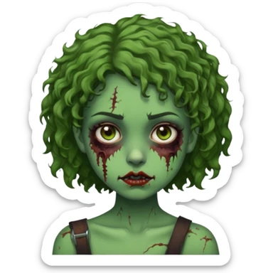 Garota, cabelos cacheados curtos na medida dos ombros, pele verde, olhos castanhos escuros, machucados pelo corpo, remetendo a um zumbi sticker